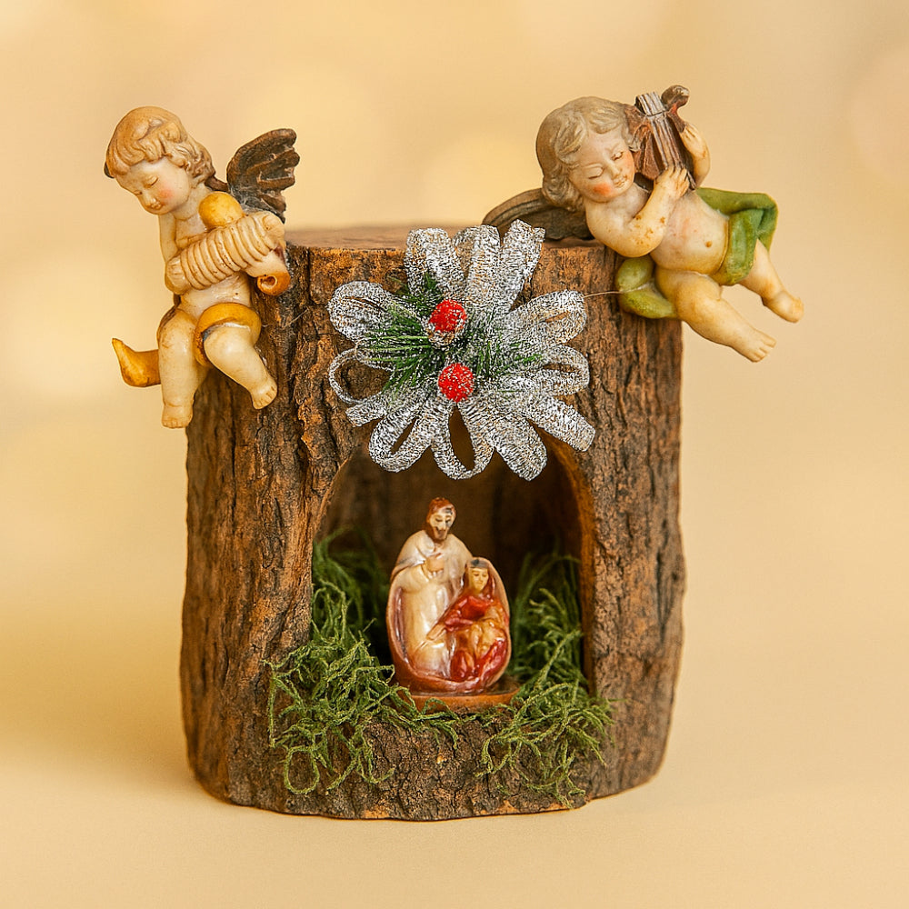 Presepe in Corteccia con Angeli Fontanini - Ø 10 x H 14 cm