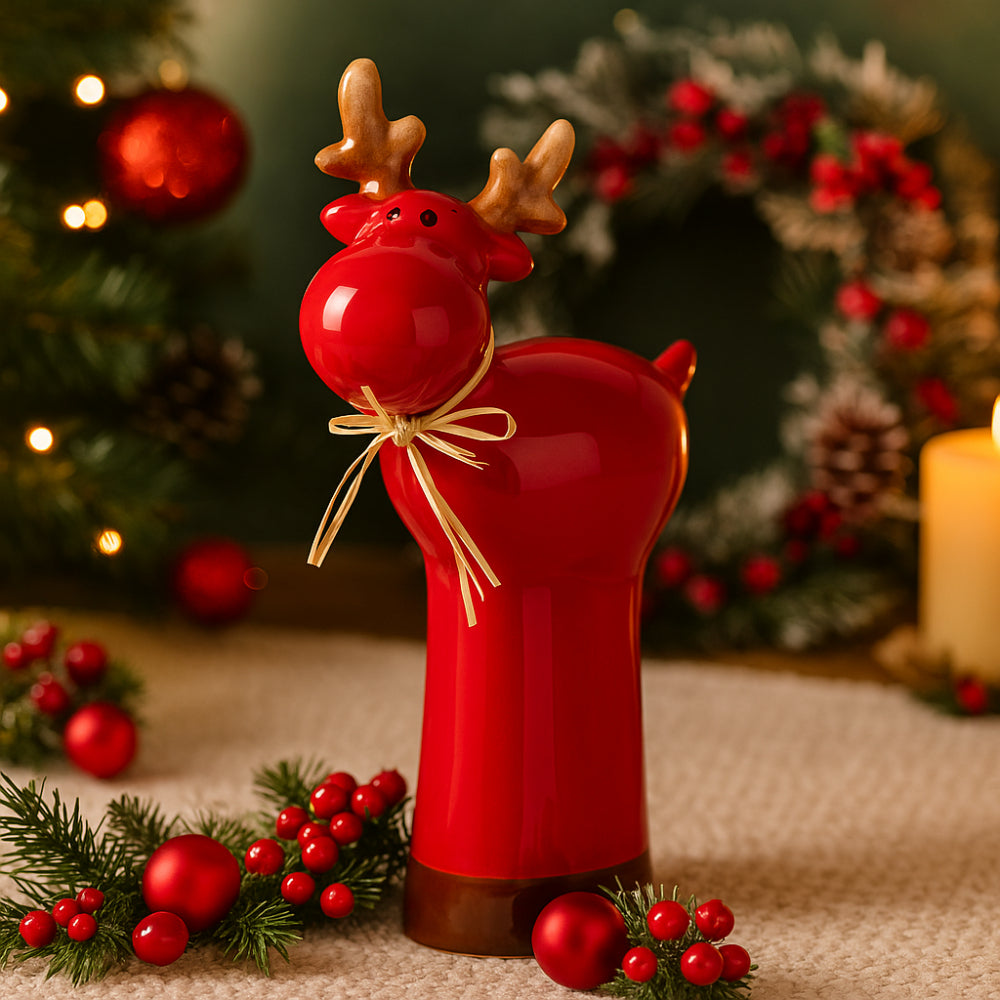 Renna Rudolph Babbomatto in ceramica rossa H 22×10 cm decorazione natalizia