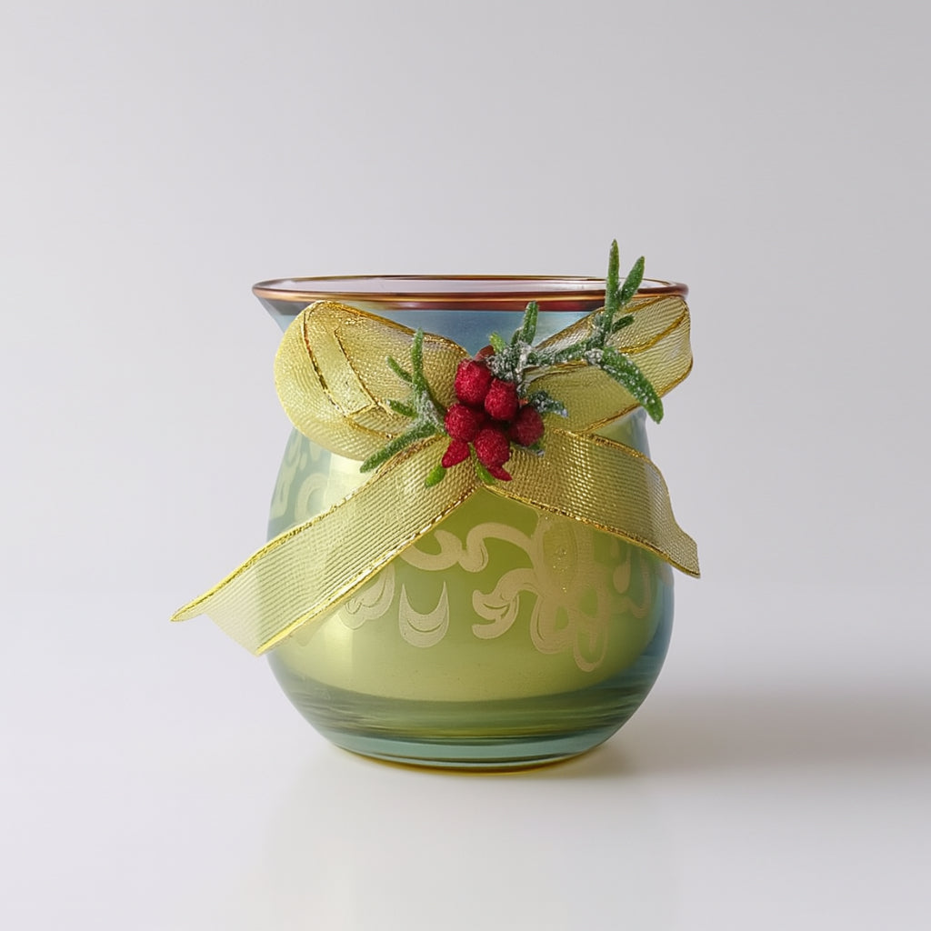 Rigatti Porta Candela Cera Profumata in Vetro Celeste decoro Giglio H.8,5x9cm