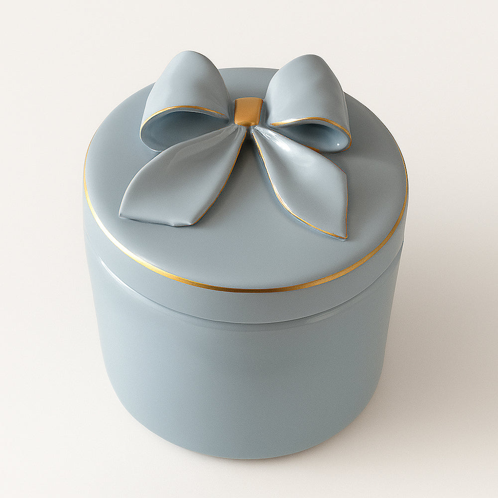 Scatola Capodimonte Dea Celeste Polvere con Fiocco Oro Ø11,5xH10,5 cm