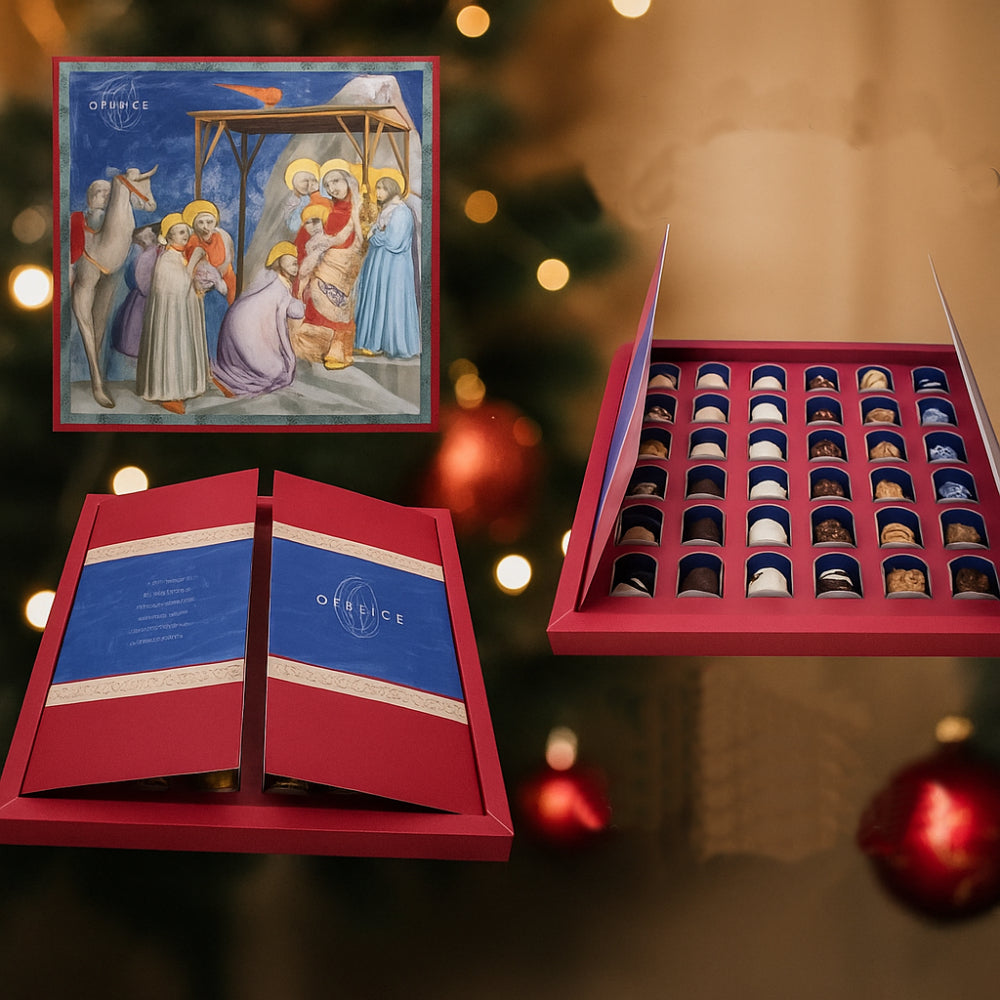 Scatola Orefice Natività con nudi e bacetti artigianali 200 g confezione natalizia elegante