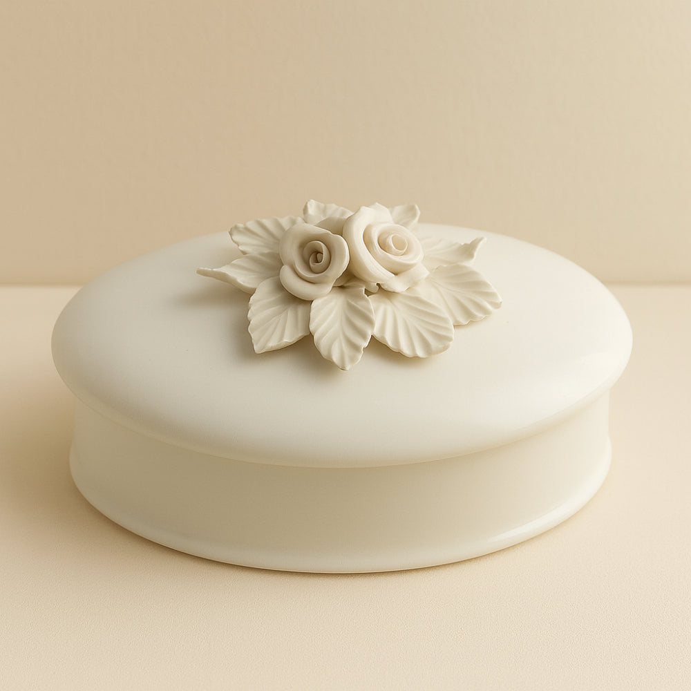 Scatola in porcellana bianca Egon von Fürstenberg con rose in rilievo 19x14 cm