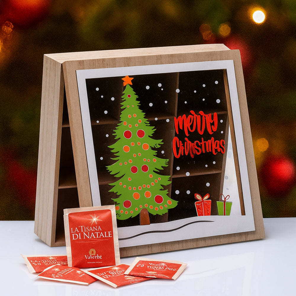 Scatola infusi Babbomatto in legno 8x26x26 cm per 32 bustine tè e tisane