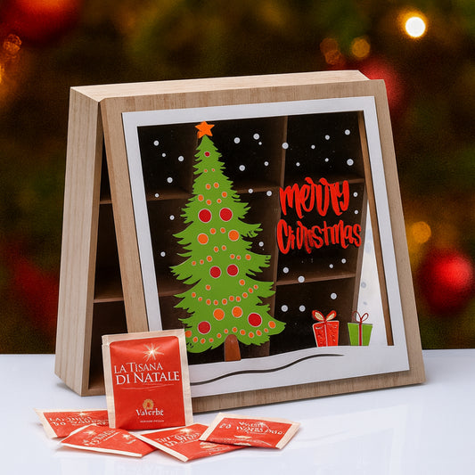 Scatola infusi Babbomatto in legno 8x26x26 cm per 32 bustine tè e tisane