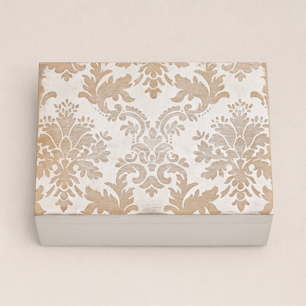 Scatola porta carte Cuorematto in legno 14x10,5 cm con decoro broccato