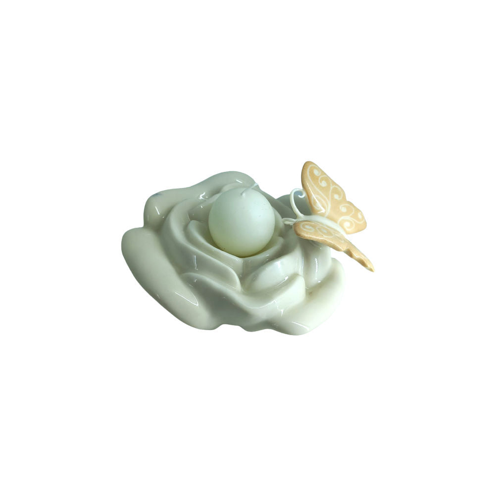 Ser Bugia Porta Candele Rosa in Porcellana decoro Farfalle - Primavera Spring H.7x11 Cm