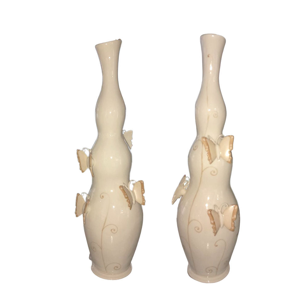Ser Capodimonte Vaso Farfalle Grande H.43 x 13 cm In Porcellana Fine - Dipinto A Mano