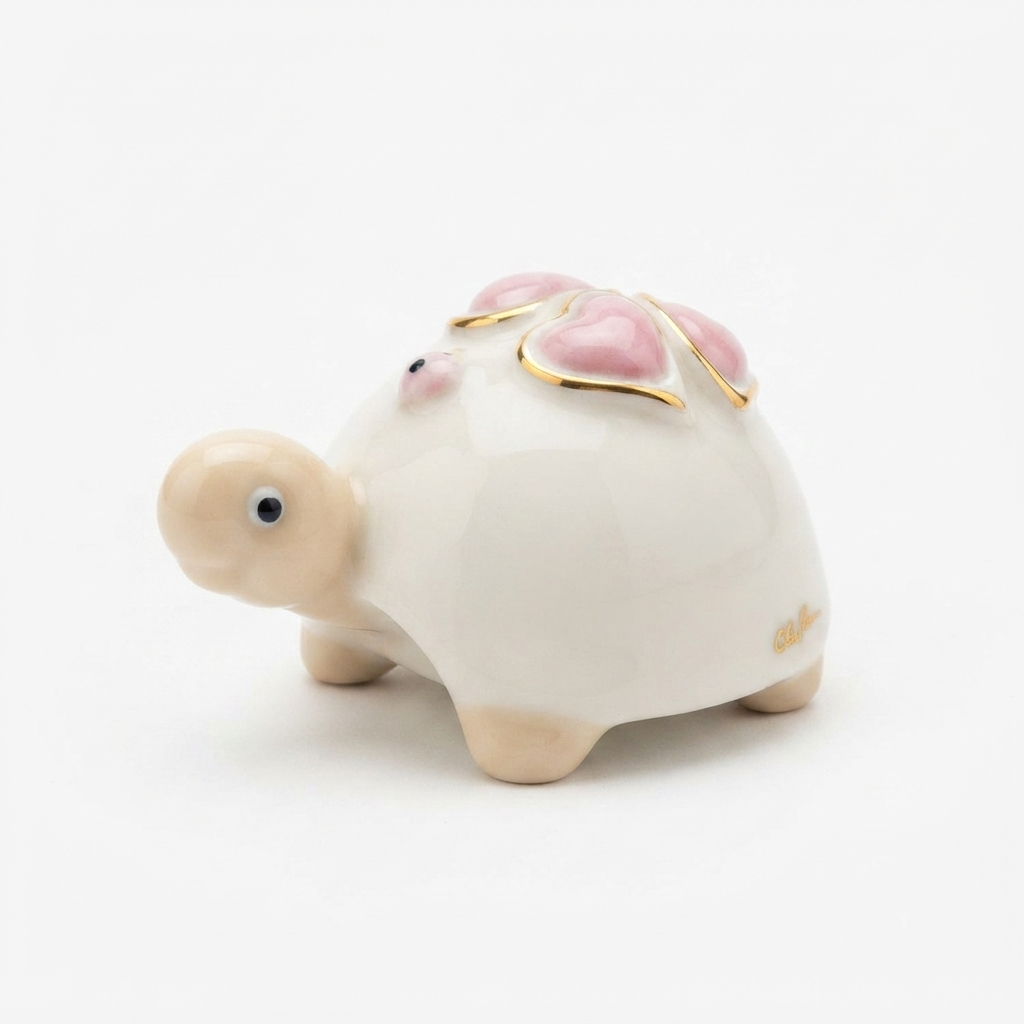 Ser Tartaruga in Porcellana di Capodimonte con Cuori 8x4,5x4 cm Rosa