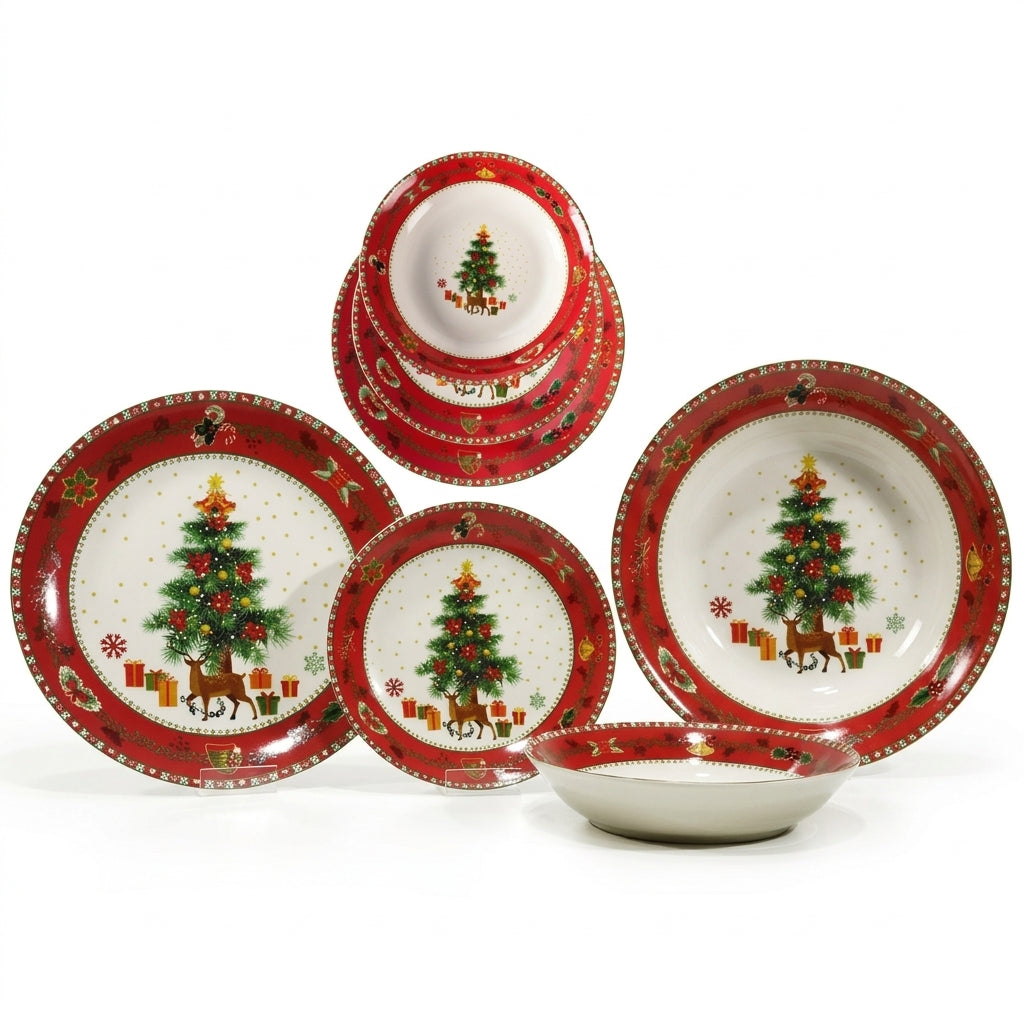 Servizio 18 Piatti Green Christmas in Porcellana per 6 Persone