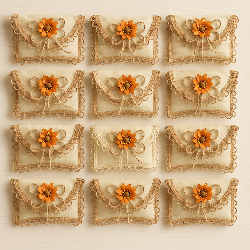 Set 10 bustine lino con merletto corda, fiore e juta