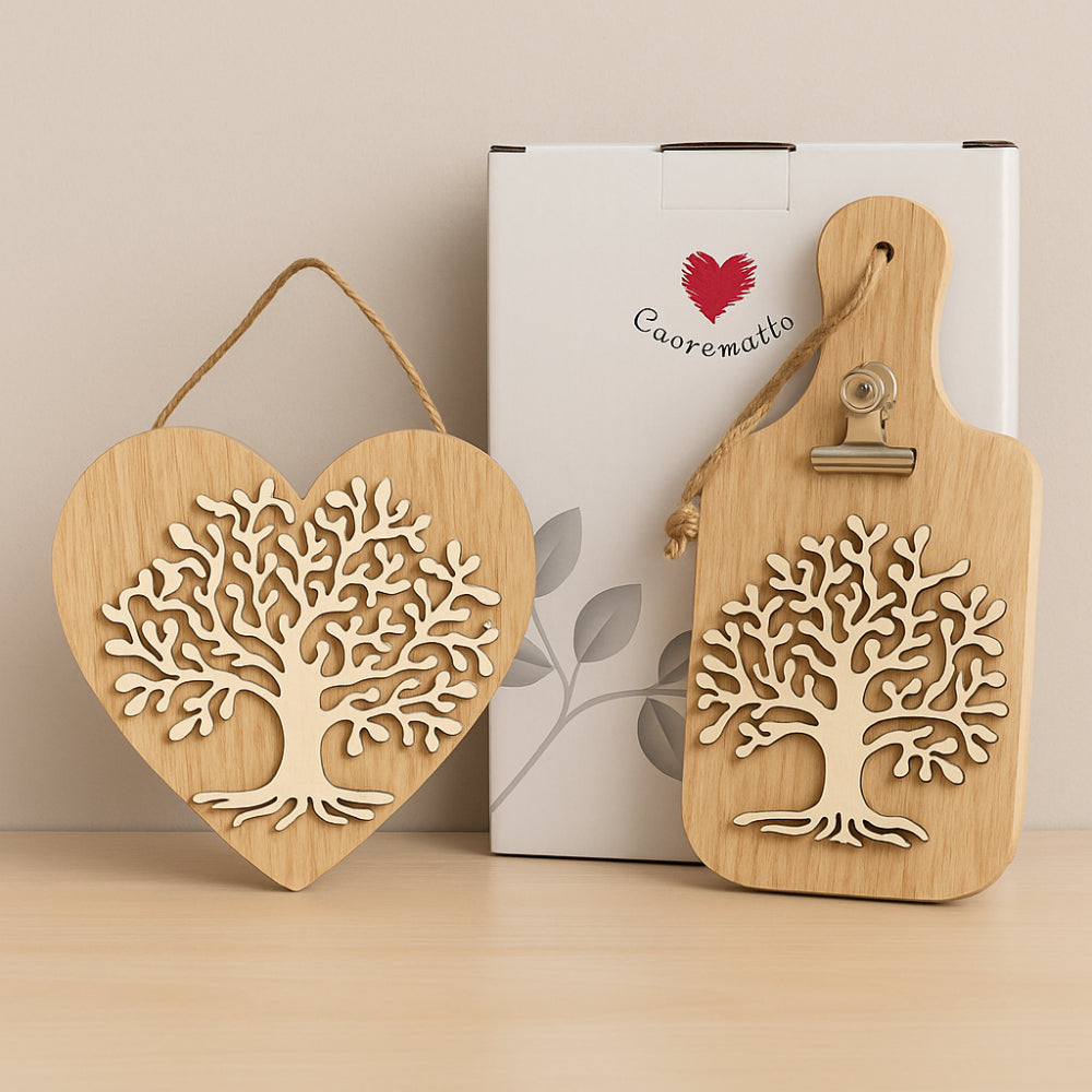 Set Cuorematto in legno appendino cuore e tagliere porta note Albero della Vita