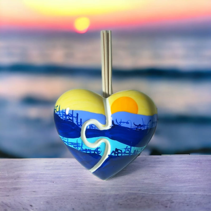 Sharon Sunset Diffusore Cuore Puzzle in Porcellana 11X11 cm Dipinta a Mano