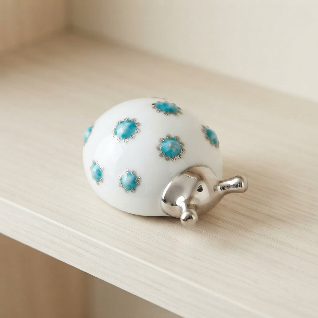 Sharon Coccinella Porcellana Bianca Turchese e Argento 9,5x6x4 cm