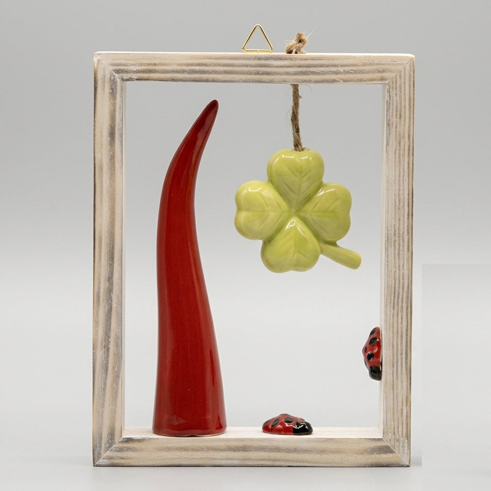 Spago di Terra Quadretto Corno e Quadrifoglio Ceramica 15x20 cm