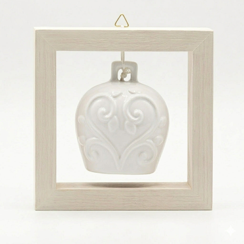 Spago di Terra Quadro Campana Bianca Ceramica con Cornice Legno 15x15 cm