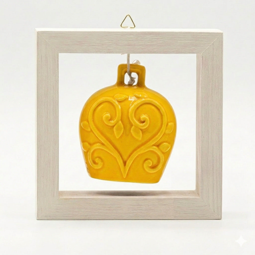Spago di Terra Quadro Campana Bianca Ceramica con Cornice Legno 15x15 cm Vari Colori