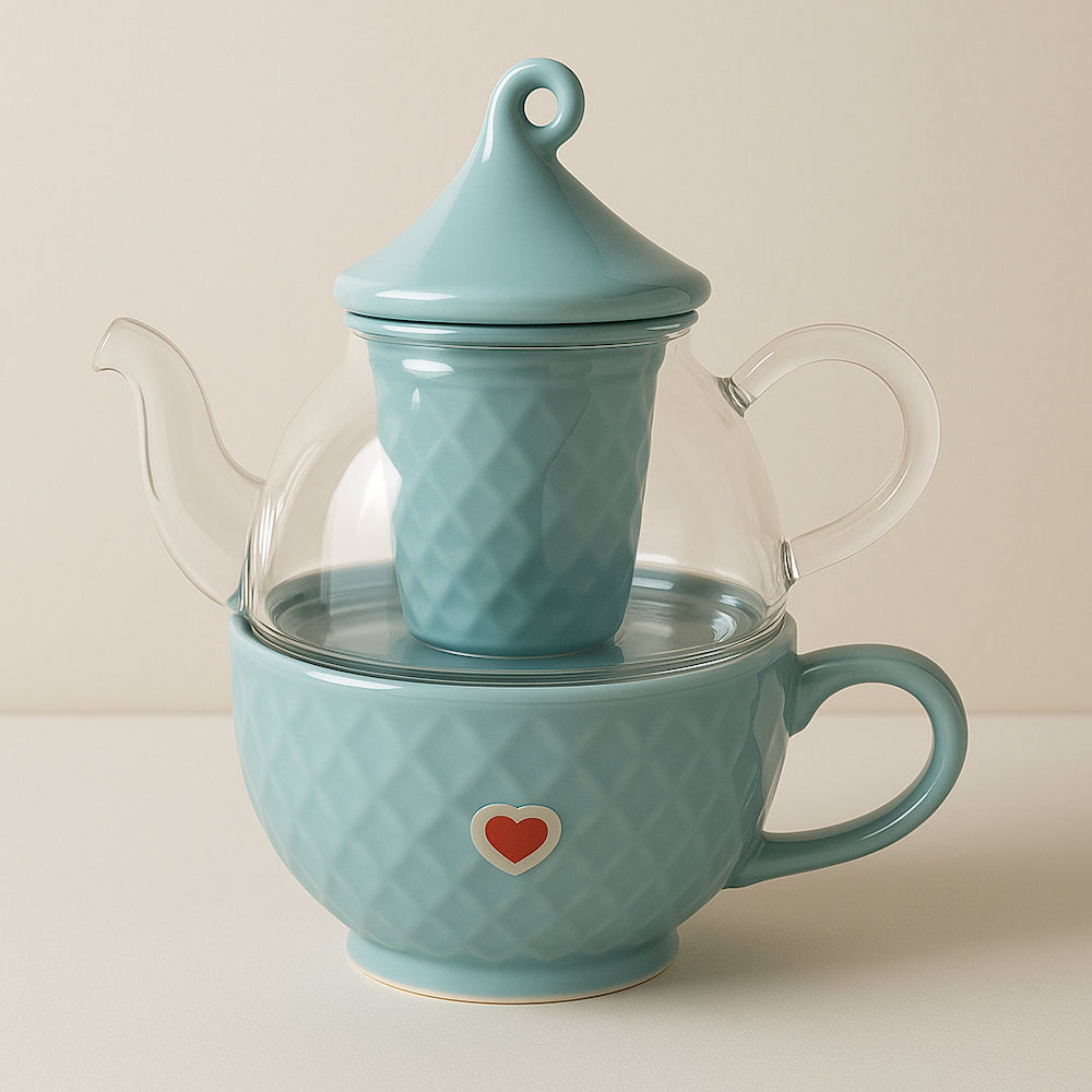 Tisaniera in vetro Cuorematto D5617 H17 cm con filtro azzurro polvere