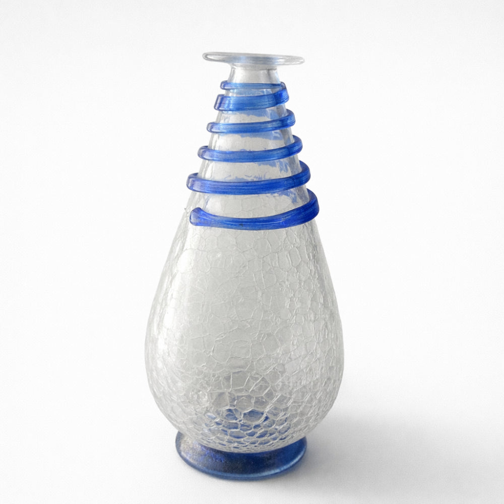 Vaso monofiore Le Favole in vetro craquelé trasparente con girali blu H29x16 cm