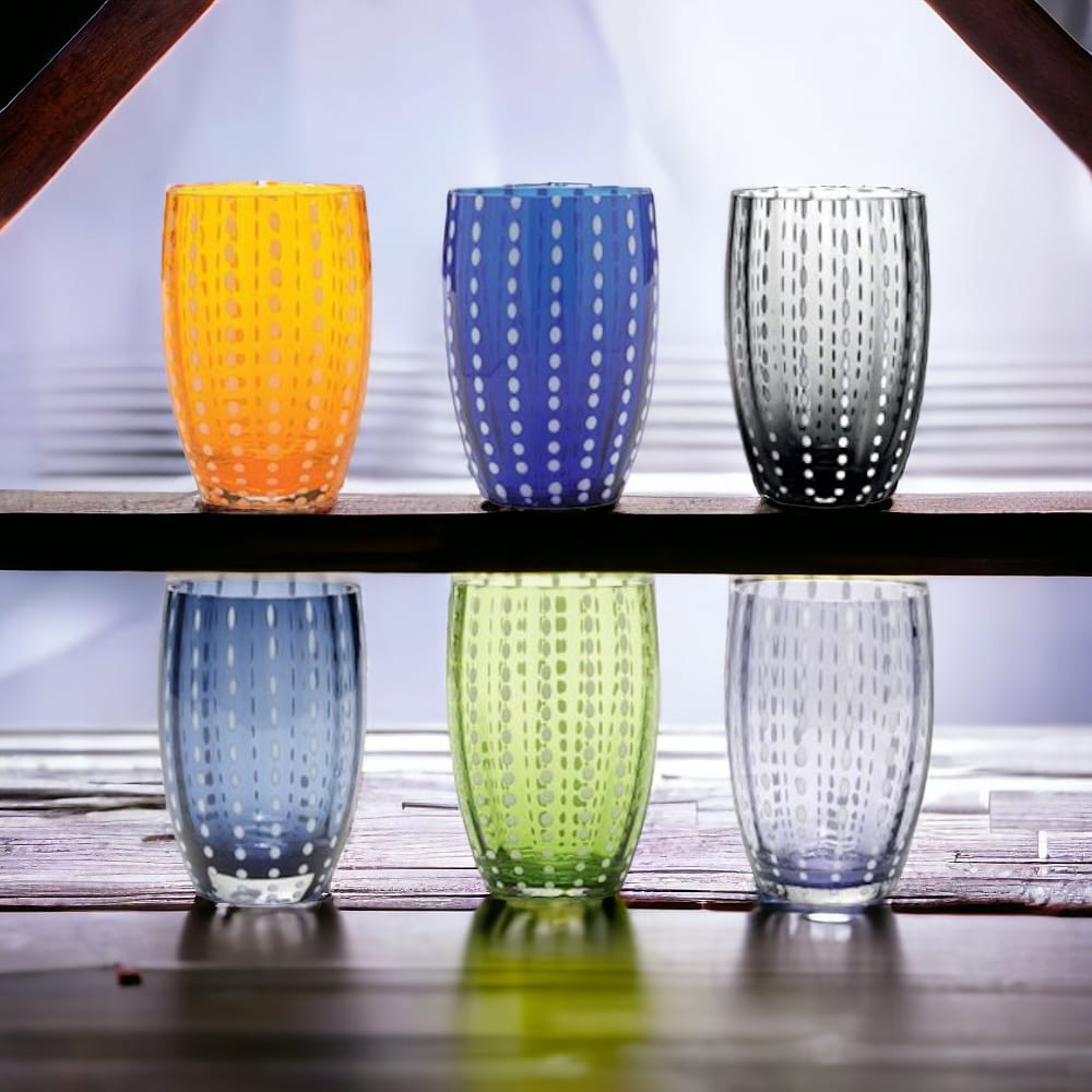 Zafferano Set 6 Bicchiere vetro Perle Colori Assortiti set 6 pezzi Cl.32 H.109 mm D.71mm