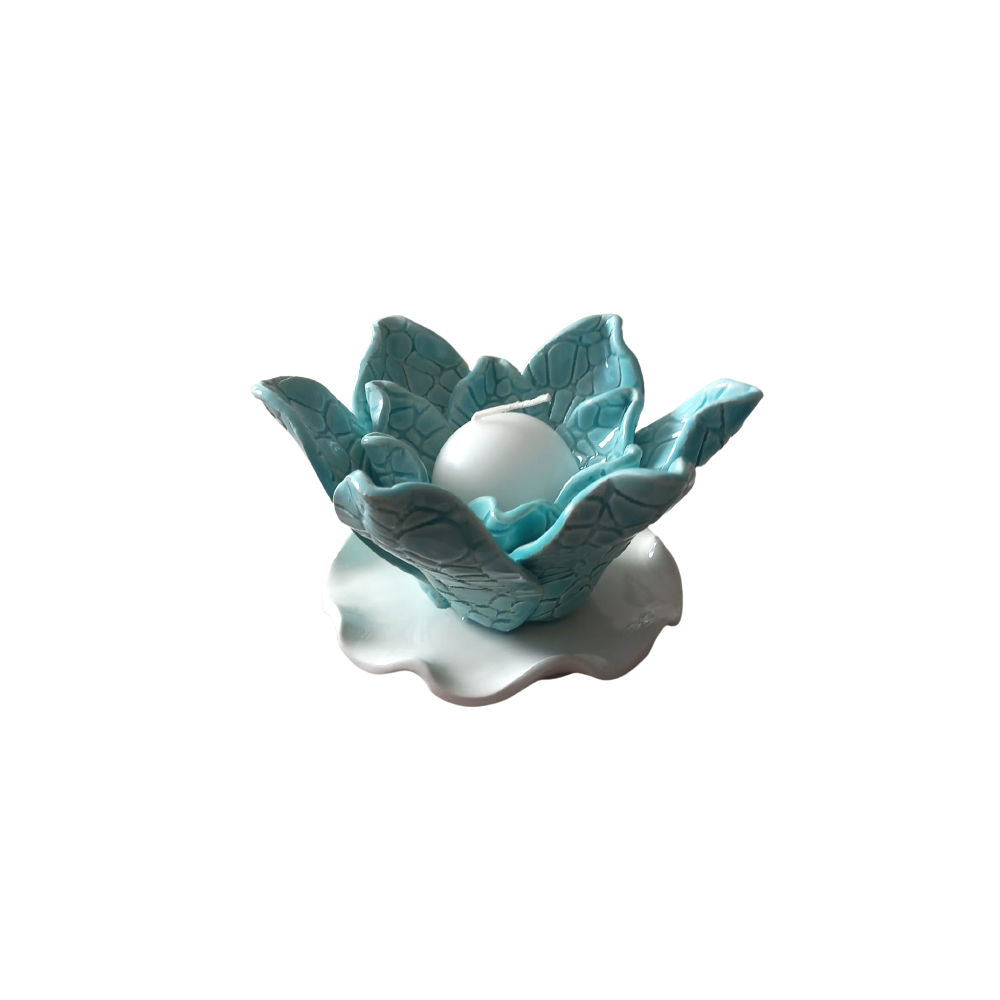 Zampiva Porta Candele Fiore Bianca E Acquamarina 15x8cm In Porcellana Made In Italy