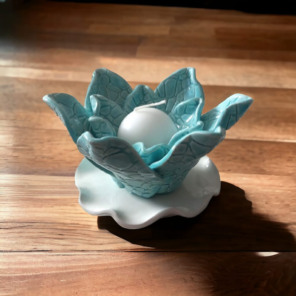 Zampiva Porta Candele Fiore Bianca E Acquamarina 15x8cm In Porcellana Made In Italy