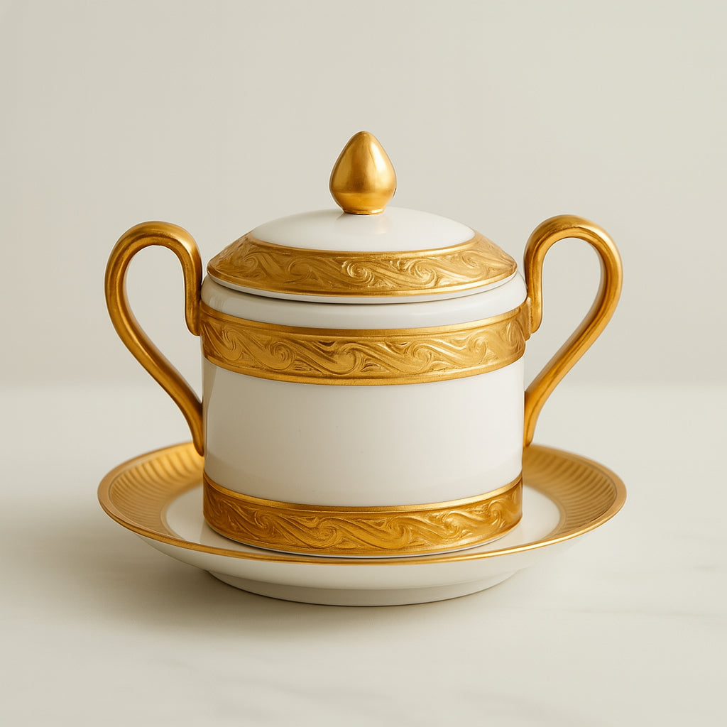 Zuccheriera Villari 16 cm in porcellana Capodimonte con filo oro – Eleganza italiana per la tavola – Le Favole