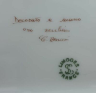 Baroni Vassoietto In Porcellana Di Limoges 8,5 X17,5cm Con Manici In Ottone Dipinto A Mano