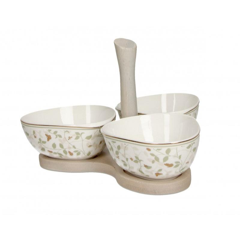 Brandani Antipastiera Ali Dorate Set 3 Pz Porcellana e Legno 52677