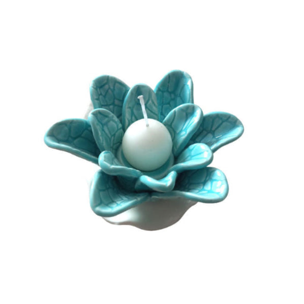 Zampiva Porta Candele Fiore Bianca E Acquamarina 12x5cm In Porcellana Made In Italy