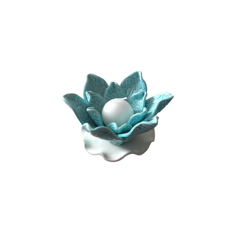 Zampiva Porta Candele Fiore Bianca E Acquamarina 15x8cm In Porcellana Made In Italy