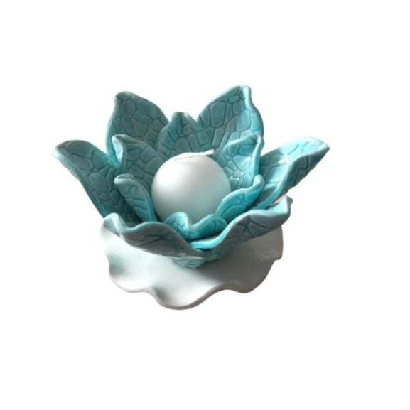 Zampiva Porta Candele Fiore Bianca E Acquamarina 15x8cm In Porcellana Made In Italy
