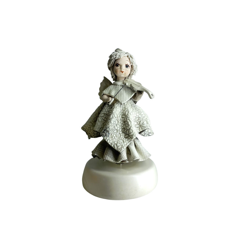 Zampiva Statua Carillon Angelo Biscuit Anticato H.16,5 Cm Statuina In Porcellana Fine Made In Italy