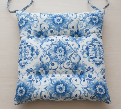 Cuscino Coprisedia in Cotone Drill "Mediterraneo" | Fantasia Blu su Bianco | Con Laccetti