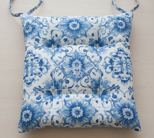 Cuscino Coprisedia in Cotone Drill "Mediterraneo" | Fantasia Blu su Bianco | Con Laccetti