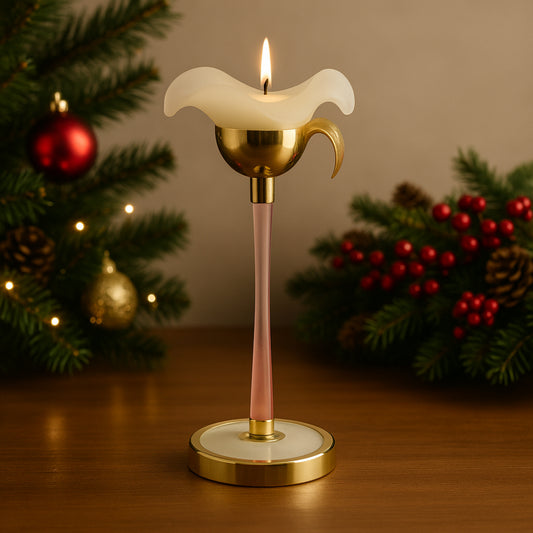 Porta candele Madrhélen Paris in vetro rosa e foglia oro H 21 cm