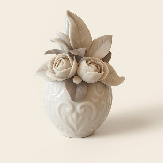 Acquasantiera o diffusore Sharon in porcellana Capodimonte decoro rose bianco tortora H16x14x7 cm – Le Favole