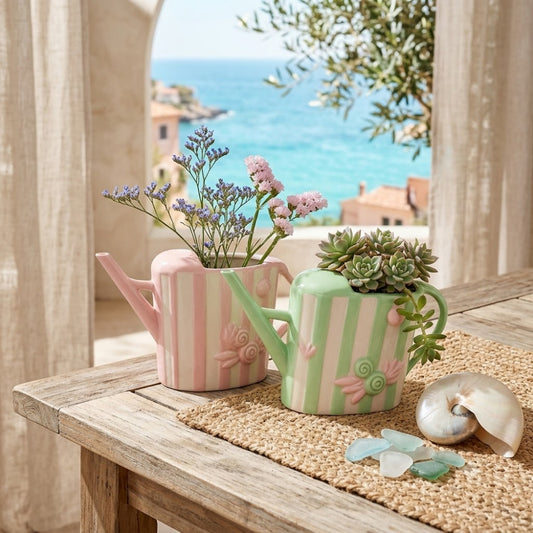 Ad Creation Coppia Annaffiatoi Ceramica Shabby Rosa e Verde 10x11 cm