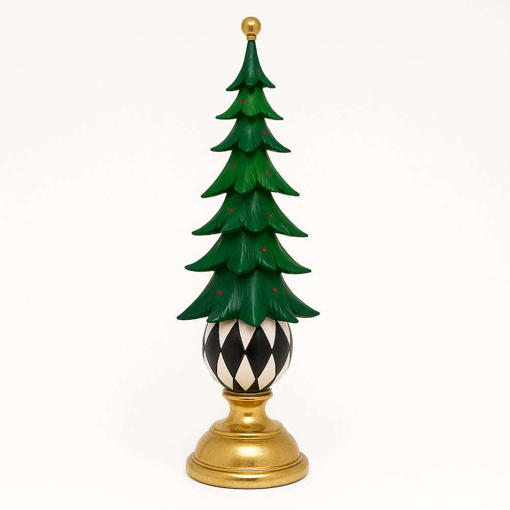Albero di Natale in marmorina con sfera a scacchi e base oro Ilary Queen H 43,5 cm