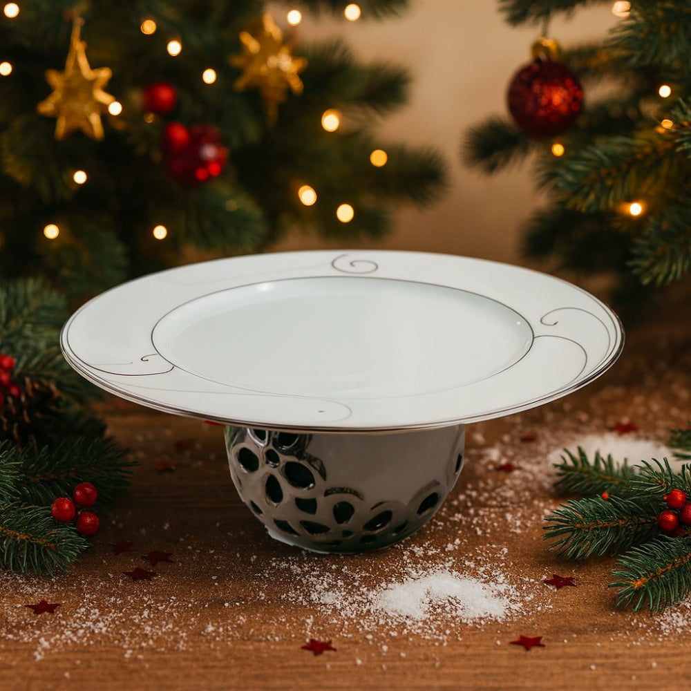 Alzata in porcellana Ø27 cm con filo platino Noel – Le Favole Living
