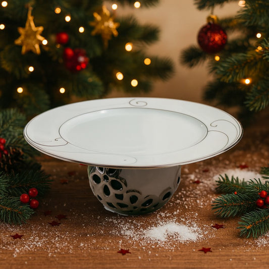 Alzata in porcellana Ø27 cm con filo platino Noel – Le Favole Living