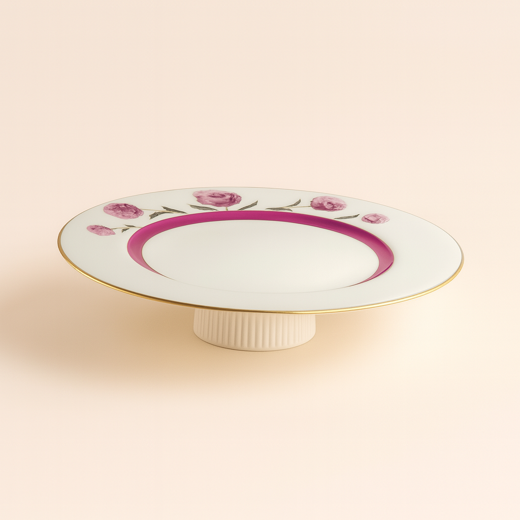 Alzatina Pami in porcellana decoro Peonie e filo oro Ø26 x H7 cm – Centrotavola elegante Made in Italy