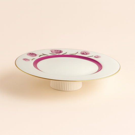 Alzatina Pami in porcellana decoro Peonie e filo oro Ø26 x H7 cm – Centrotavola elegante Made in Italy