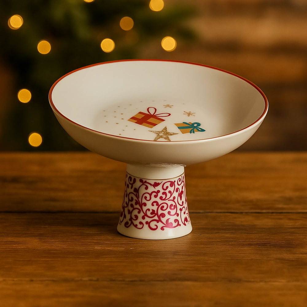 Alzatina in porcellana natalizia decorata rossa e dorata H 11,5 × Ø 20 cm