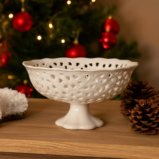 Alzatina traforata in ceramica bianca Arte di Nacchi TF-77 30x30x14 cm