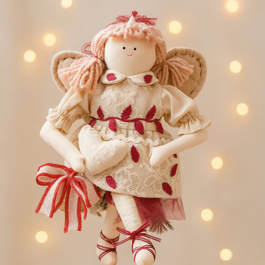Angelo decorativo per albero di Natale in tessuto 35 cm – Collezione Noël stile elegante e spirituale
