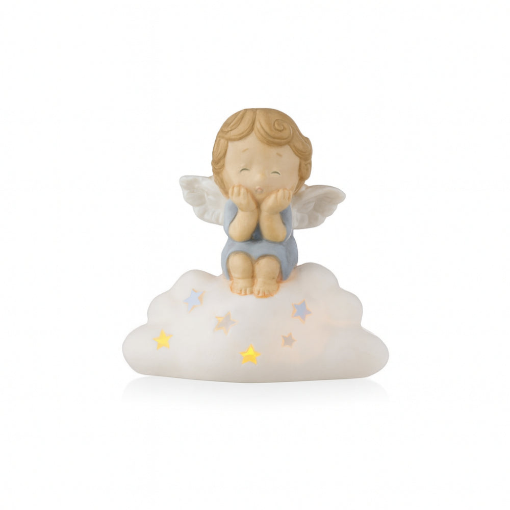 Angioletto Ilary Queen in porcellana con LED su nuvola celeste H 12 cm

