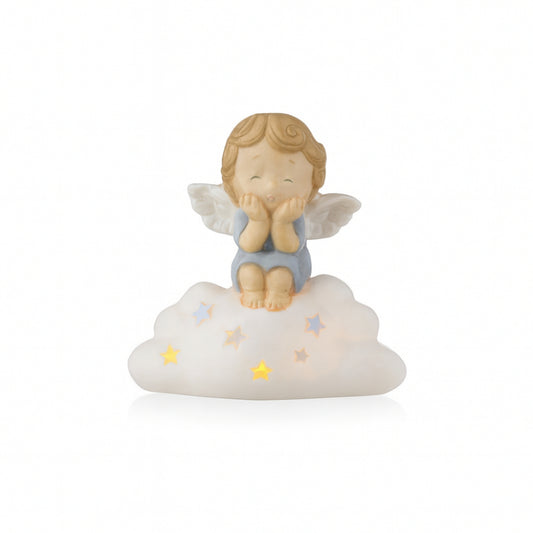 Angioletto Ilary Queen in porcellana con LED su nuvola celeste H 12 cm

