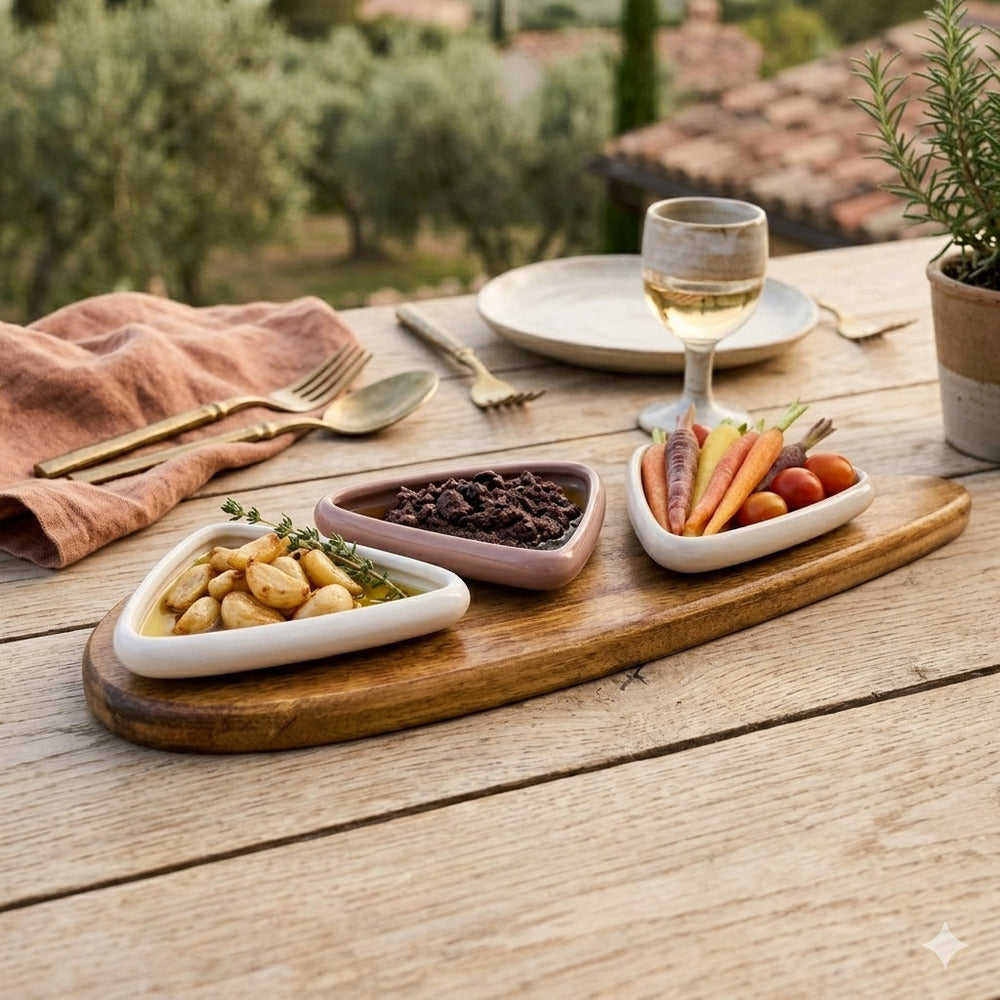 Antipastiera Madrhelen 3 ciotole porcellana e legno Linea Geometric 36x11 cm