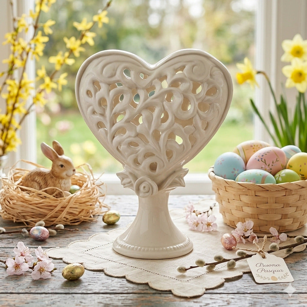 Arte di Nacchi Porta Candela Cuore Ceramica Traforata 15×20,5 cm