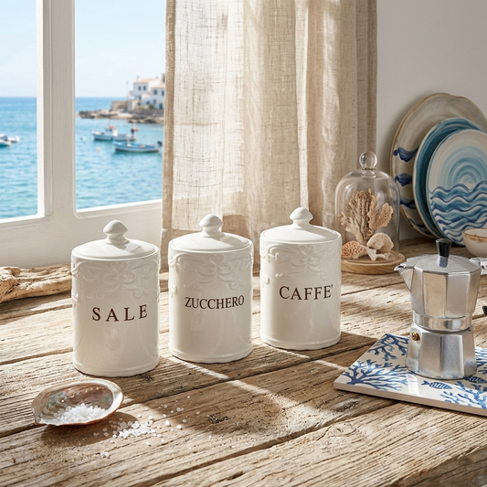 Arte di Nacchi Tris Barattoli Ceramica Caffè Sale Zucchero 10x18